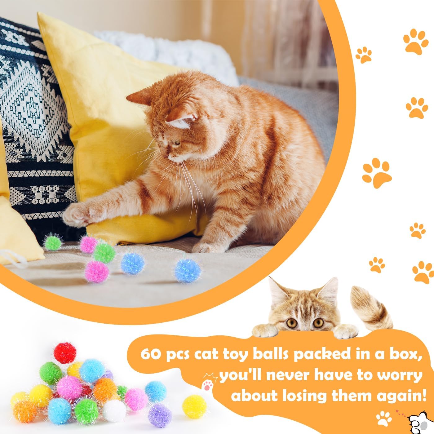 DF DUALFERV 60 Pcs Cat Pom Pom Balls, Interactive Cat Toys, Sparkle Balls for Cats, Extra Large and Fuzzy for Exercise and Entertainment, Multicolor, 1.5 Inch