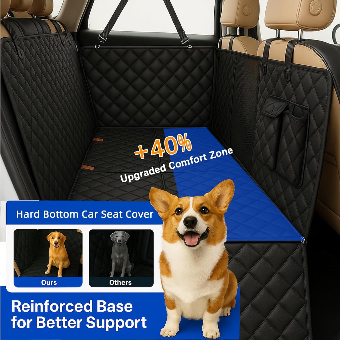 Hard Bottom Dog Car Seat Cover for Back Seat, Back Seat Extender for Dogs, Waterproof Hammock for Car, Heavy Duty Dog Bed for Car Non-Slip Pet Protector