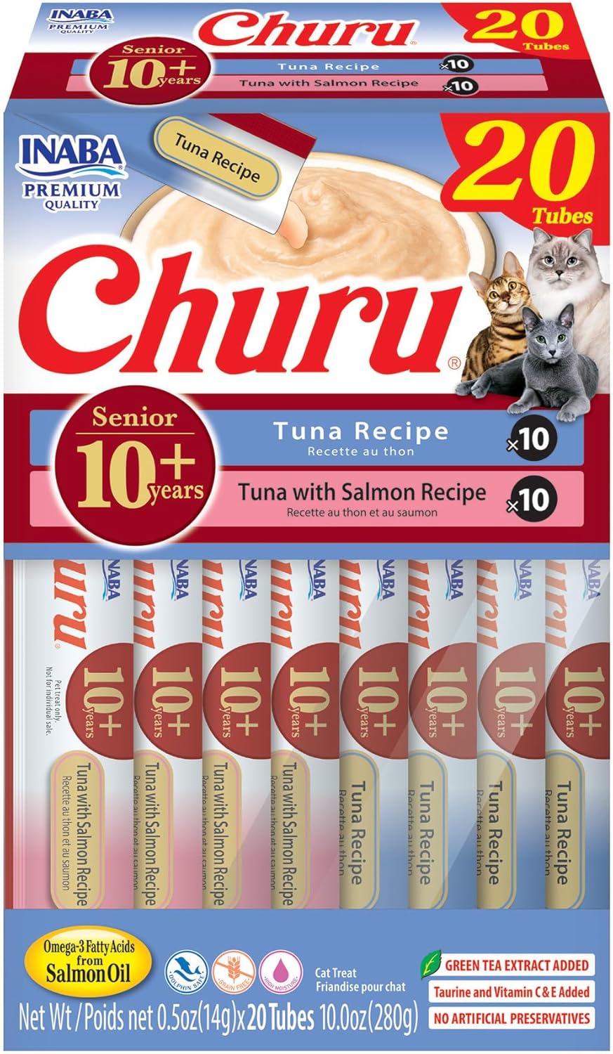 INABA Churu for Senior 10+, Creamy Lickable Cat Treats with Taurine, Vitamin E & C, 0.5 Ounces Each, 20 Tubes, Tuna Variety
