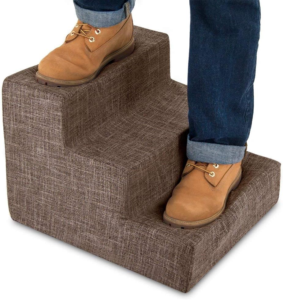 Best Pet Supplies Dog Stairs for Small Dogs & Cats, Foam Pet Steps Portable Ramp for Couch Sofa and High Bed Non-Slip Balanced Indoor Step Support, Paw Safe No Assembly - Brown Linen, 3-Step