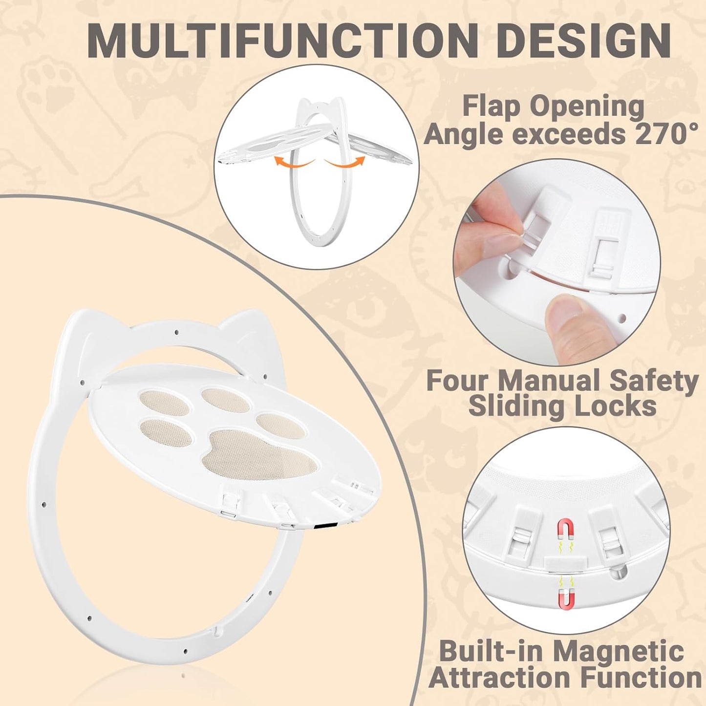 Cat Door for Screen Door, Inside Door 9x9x0.4 inch, Magnetic Flap Screen & Manually Locked Two Function Design, Anti-Mosquito Window Screen cat Door (White)