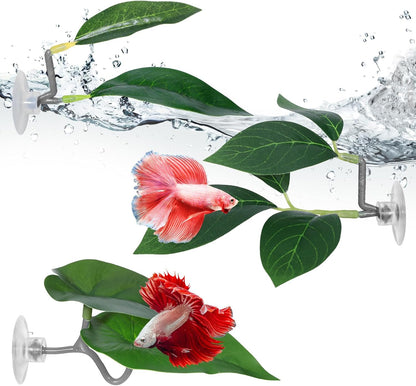 Betta Fish Hammock, 3 Pcs Betta Fish Leaf Pad Aquarium Plants Decor Simulating The Natural Habitat for Fish Tank Accessories Betta Sleeping Resting Playing Hiding Breeding with Plastic Suction Cup