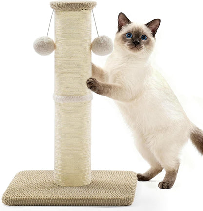 Made4Pets Tall Cat Scratching Post, 23.6" Natural Sisal Cat Scratcher with Hanging Balls, Heavy Duty and Thicker Scratching Post for Indoor Cats Adults, Sturdy Base Cat Scratch Post, Beige