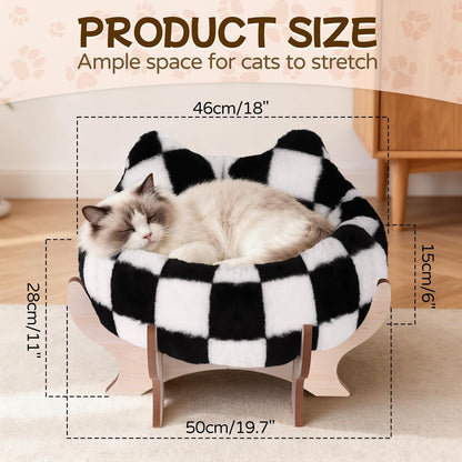 Elevated Cat Bed for Indoor Cats, Pet Couch Bed with Removable Fluffy Cushion, Wooden Stand, 18” x 11” Raised Cat Sofa for Kitty Puppy, Checkered Soft Cushion Cats Furniture