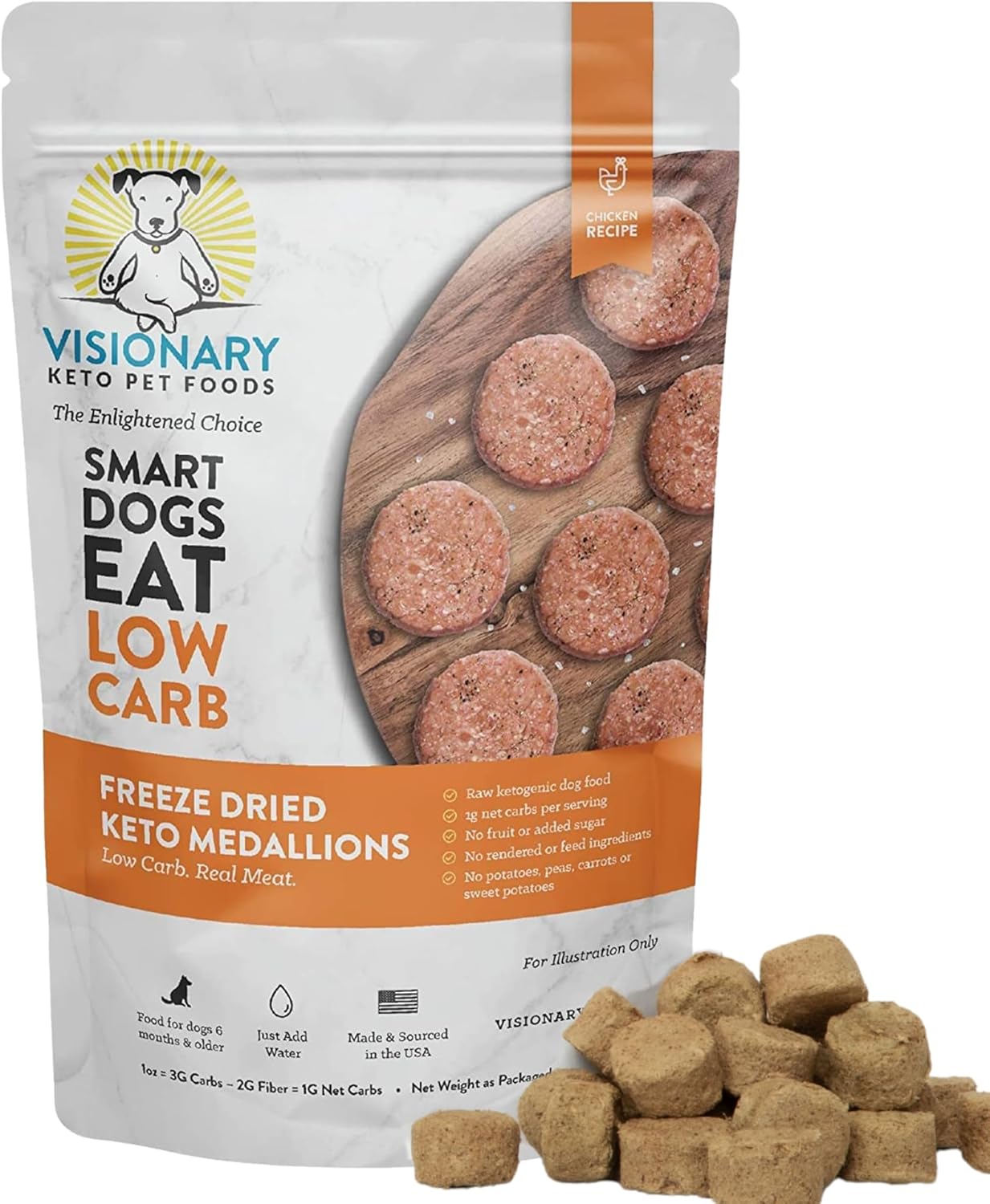 Visionary Pet Foods Low Carb Keto Dog Food <1g Net Carbs Freeze Dried Chicken Diabetic Friendly Made in USA 155 Medallions