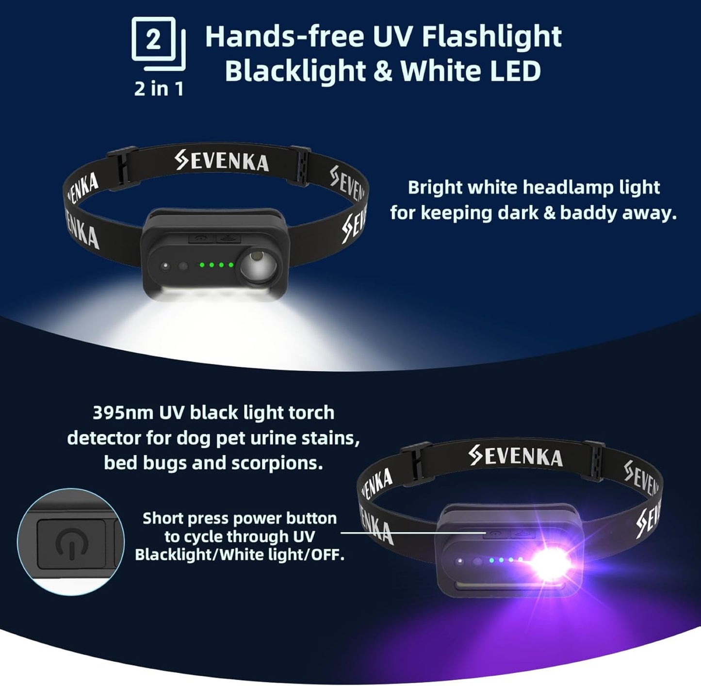 SEVENKA 2 UV Headlamp Flashlight Black Light, Rechargeable LED Hand Free Mini UV Blacklight 395nm Head Lights with White & Ultraviolet Light, Detector for Pet Dog/Cat Urine Stains,Bed Bug,Scorpions