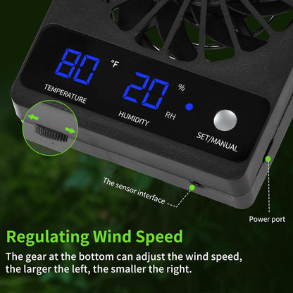 Reptile Tank Fan with Thermometer & Hygrometer | LED Display, Auto Ventilation for Enclosures & Terrariums