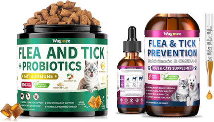 Flea & Tick Prevention for Dog and Cat, 500 Crunchy & Creamy Flea Chews+ Flea & Tick Support Drops - Skin & Coat Support - Fleas & Tick Supplement for Dogs Cats Kittens