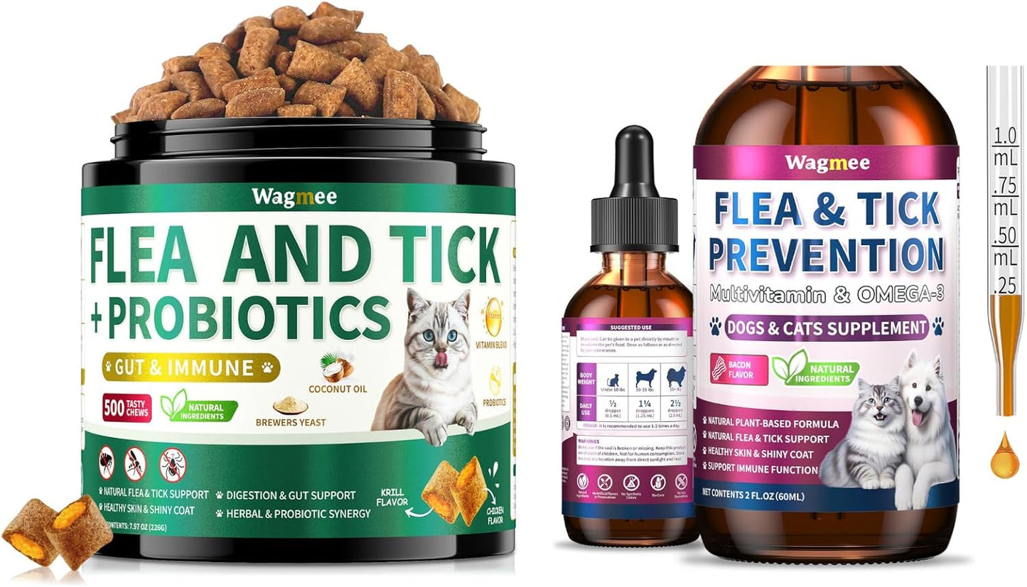 Flea & Tick Prevention for Dog and Cat, 500 Crunchy & Creamy Flea Chews+ Flea & Tick Support Drops - Skin & Coat Support - Fleas & Tick Supplement for Dogs Cats Kittens