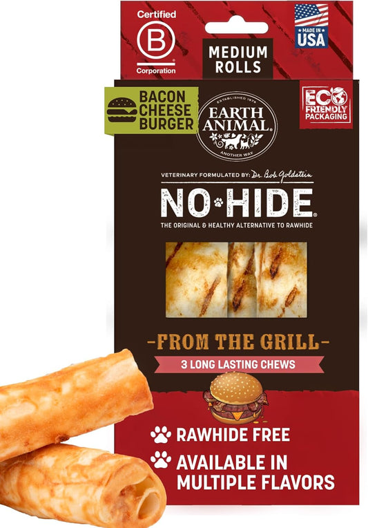 Earth Animal No Hide Chews - from The Grill Rolls Bacon Cheeseburger Flavor Rawhide Free Medium Dog Chews - 3 Count