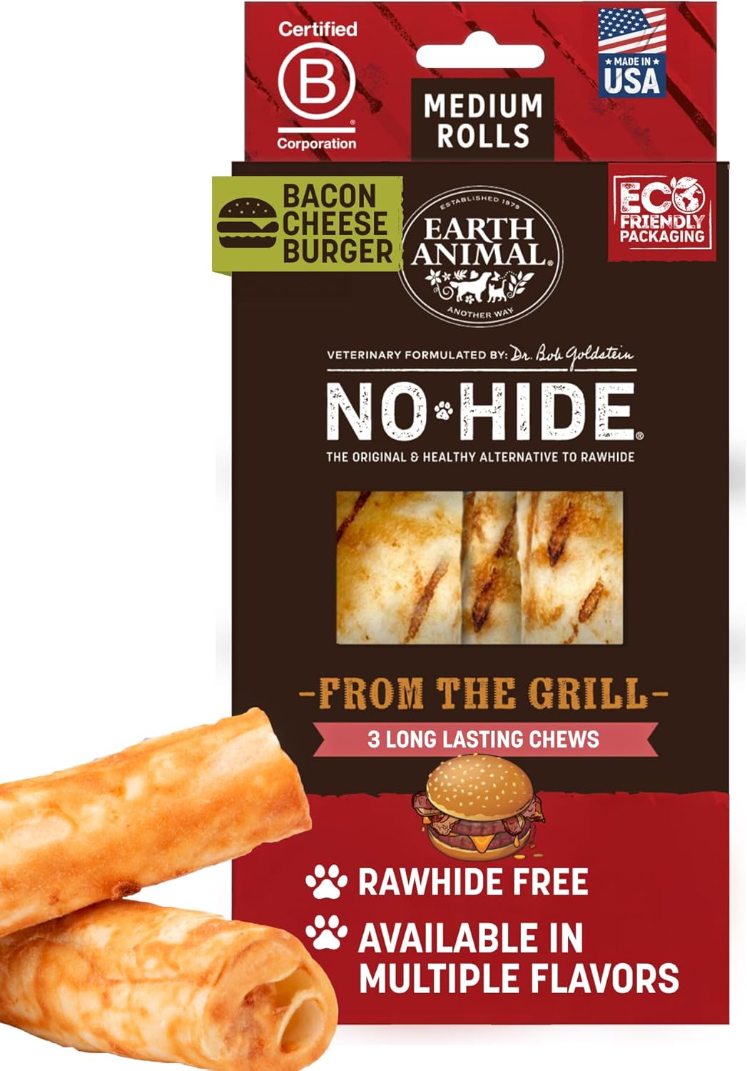 Earth Animal No Hide Chews - from The Grill Rolls Bacon Cheeseburger Flavor Rawhide Free Medium Dog Chews - 3 Count