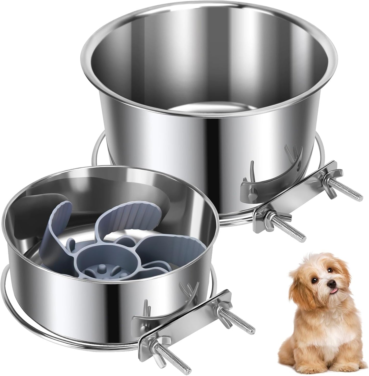 2 Pcs Large Pet Dog Food Water Bowl with Slow Feeder Insert for Cage, Crate Stainless Steel Non-Spill Kennel Hanging Cat Bowls with Clamp Holder for Medium Large Dogs (7.1x3.5'' & 6.3x2.6'')