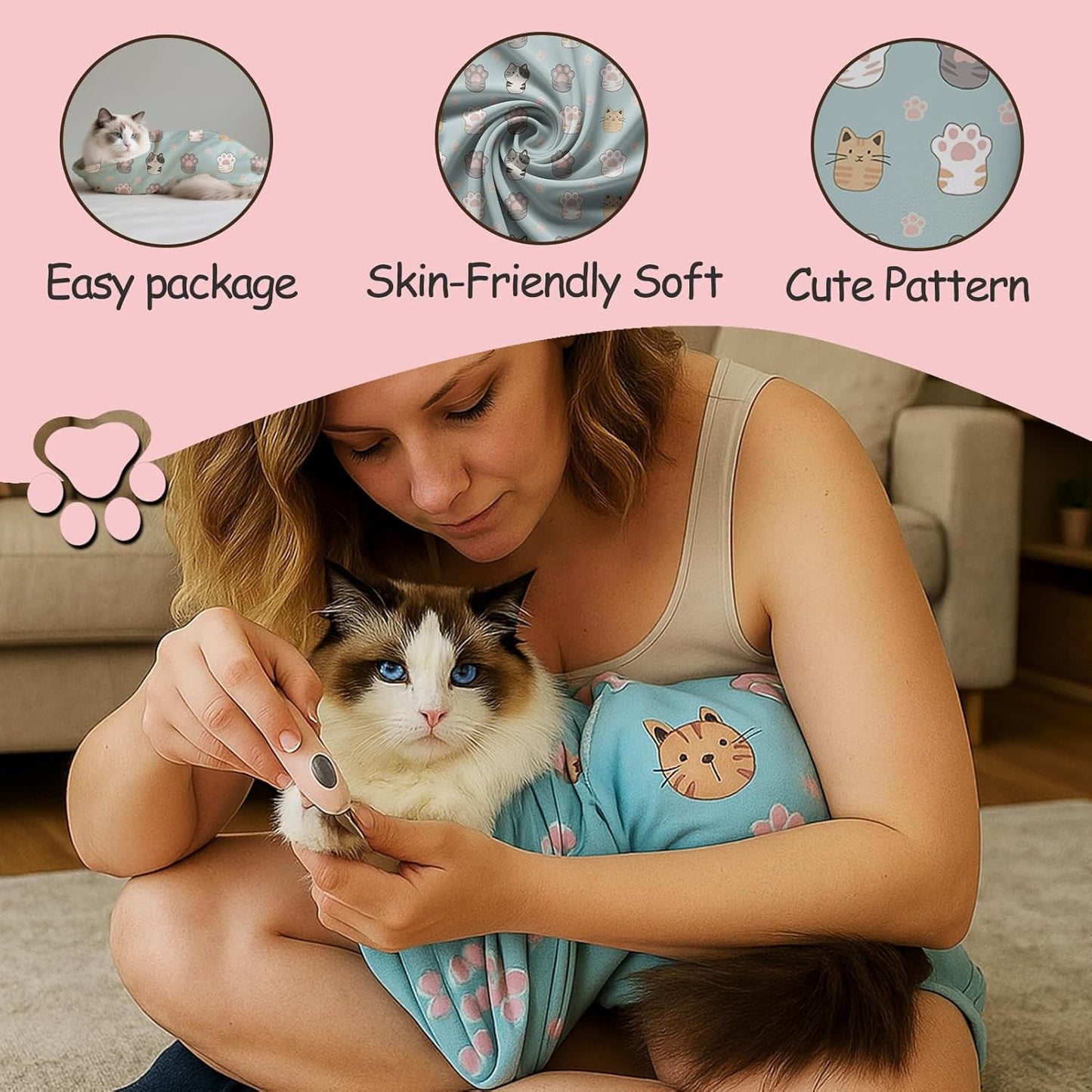 Puffluv Cat Wrap,Feline Nail Cutting Self-Adhesive Relief Blanket, Scratch&Escape-Proof,for Medication,Tooth Brushing,Claw Clipping,Ear Care with Lint Roller, 6-14 lbs
