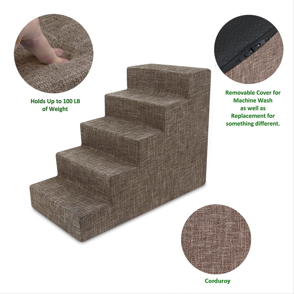 Best Pet Supplies Dog Stairs for Small Dogs & Cats, Foam Pet Steps Portable Ramp for Couch Sofa and High Bed Non-Slip Balanced Indoor Step Support, Paw Safe No Assembly - Brown Linen, 5-Step