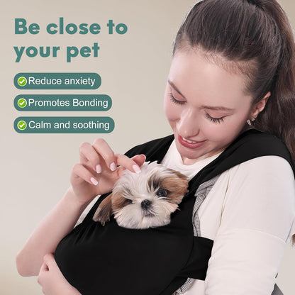 Supet Dog Sling Carrier for Small Pets, Hands Free Cat Sling, Reducing Back Neck Pain Anti-Anxiety Puppy Front, Adjustable Soft Dog Carrying (Black, Plus)
