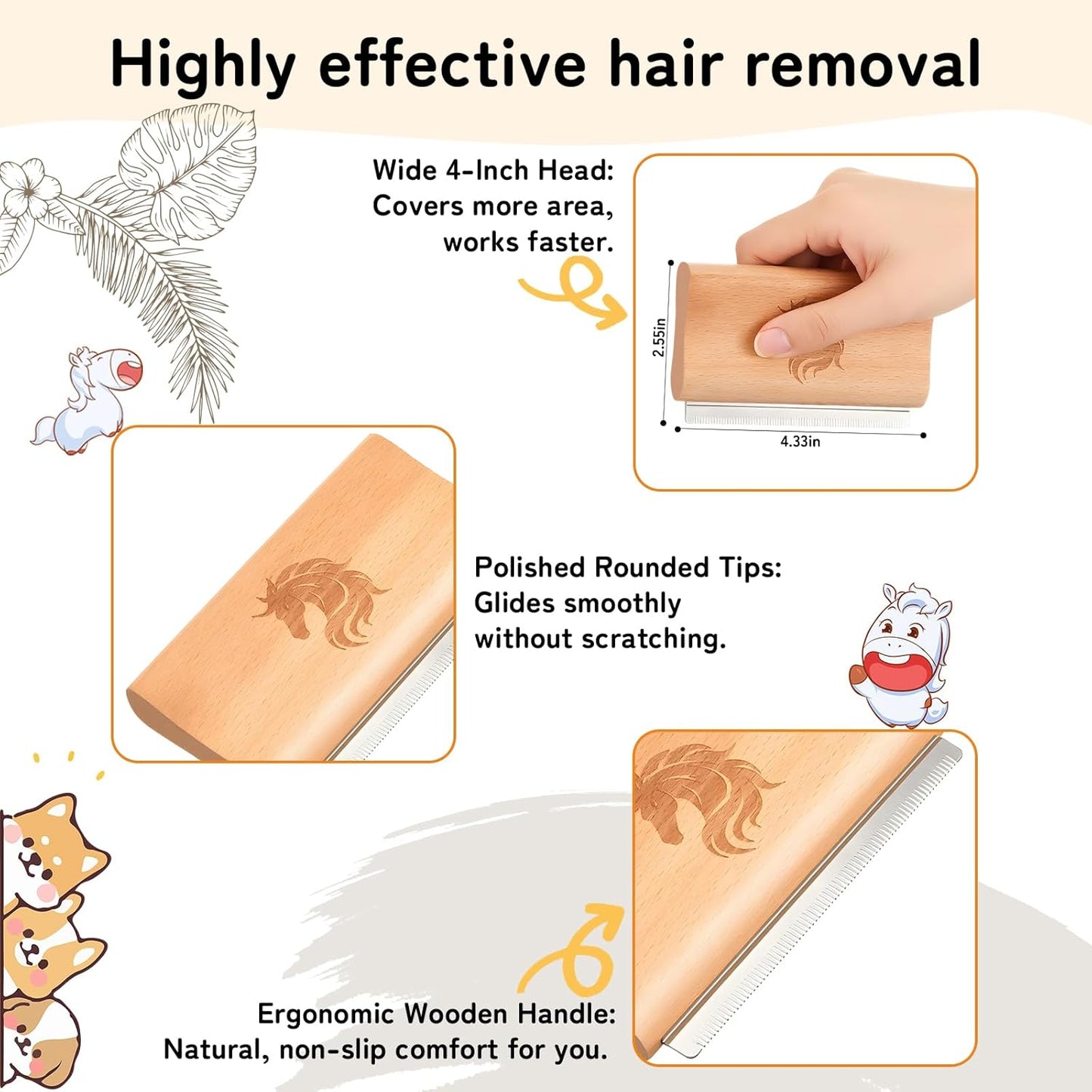 Deshedding Grooming Tool for Horses, Cats & Dogs Ergonomic Design Wooden Groom Brush Professional Grooming Tool Painlessly Remove Thick Short Long Hair Fur & Dirt