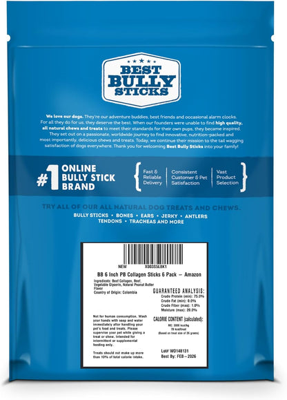 Best Bully Sticks Peanut Butter Flavor Collagen Sticks - 6 Inch 6 Count (Pack of 1) - Natural, Long-Lasting, Limited Ingredient, Supports Healthy Joints, Skin, Coat