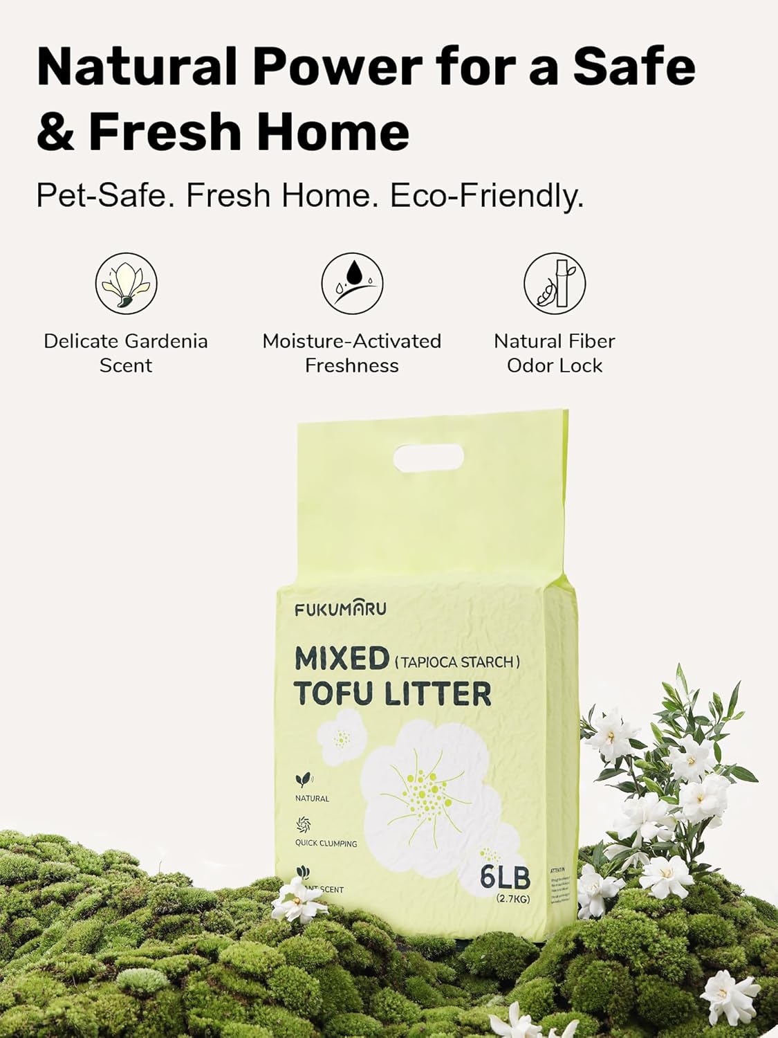 FUKUMARU Tofu Cat Litter, 12lb Fast Clumping & Odor Control, Gardenia Scent, Natural Bean Dregs & Cassava Starch, Dust-Free, Flushable, Low Tracking, Ultra Absorbent, Lightweight, 6lb x 2 Bags