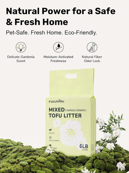 FUKUMARU Tofu Cat Litter, 12lb Fast Clumping & Odor Control, Gardenia Scent, Natural Bean Dregs & Cassava Starch, Dust-Free, Flushable, Low Tracking, Ultra Absorbent, Lightweight, 6lb x 2 Bags