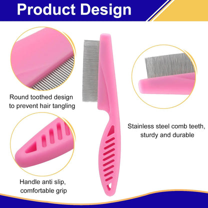 Murtenze 3 Pack Flea Comb, Lice Brushers Fine Tooth Grooming Tool for Dogs and Cats Removing Tear Stains, Fleas (Pink)