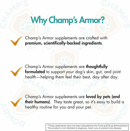 Champ's Armor 10-in-1 Multivitamin Soft Chews for Dogs – Hip & Joint, Skin, Digestion, Immune, Heart, and Brain Health. Complete Daily Support w/Glucosamine, Salmon Oil, Probiotics & More – 120 Ct
