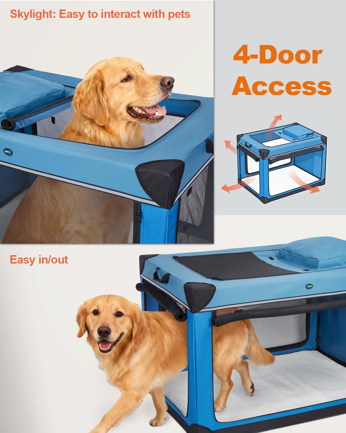 Ownpets 48 inch XXL Collapsible Dog Crate for Large Dogs, Portable Travel Dog Crate, 4-Door Foldable Pet Kennel with Durable Mesh Windows and Soft Mat, Blue