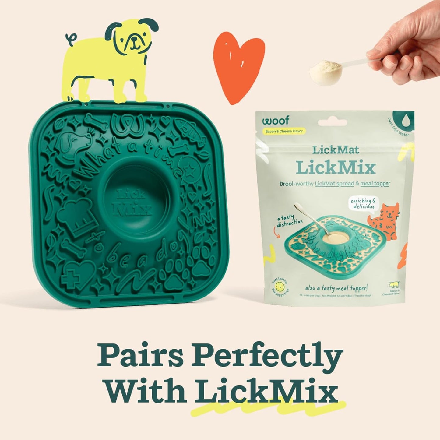 Woof Lick Mat and Bacon and Cheese LickMix Starter Pack Bundle - Dog Enrichment and Spread - Slow Feeder Mat with Non-Slip Design - Delicious, Lower Calorie Mix -Green