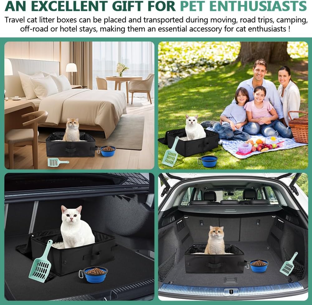 Travel Litter Box for Cats, Portable Litter Box with Scoop & Bowl, Leak Proof,Waterproof Collapsible Carrier for Car, Outdoor, Hotel