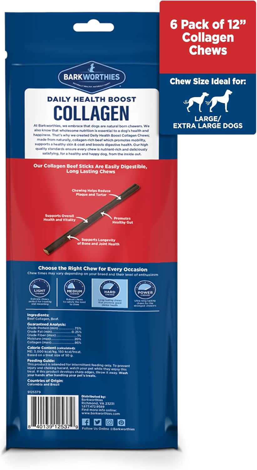 Barkworthies Plain Collagen Sticks - 12 Inch 6 Count (Pack of 1) - Long-Lasting, Single Ingredient