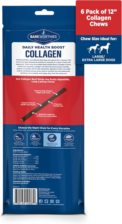 Barkworthies Plain Collagen Sticks - 12 Inch 6 Count (Pack of 1) - Long-Lasting, Single Ingredient