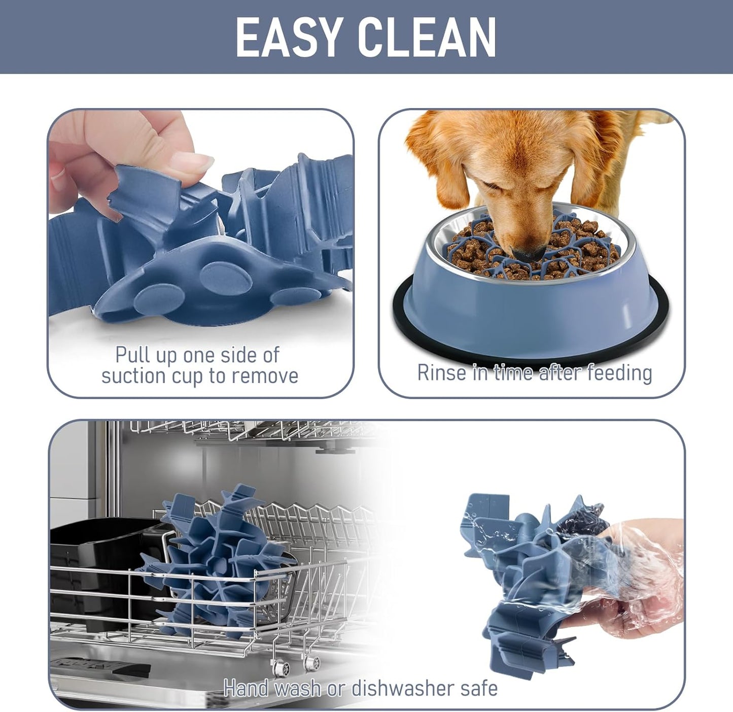 Slow Feeder Insert for Dog Bowl with Upgraded Big Suction Cups Anti-Slip, Cuttable 4.7-7in Anti-Chocking Extra-Slow Feeding Fits Standard Metal Dog Bowls for Large Medium Small Dogs, Blue