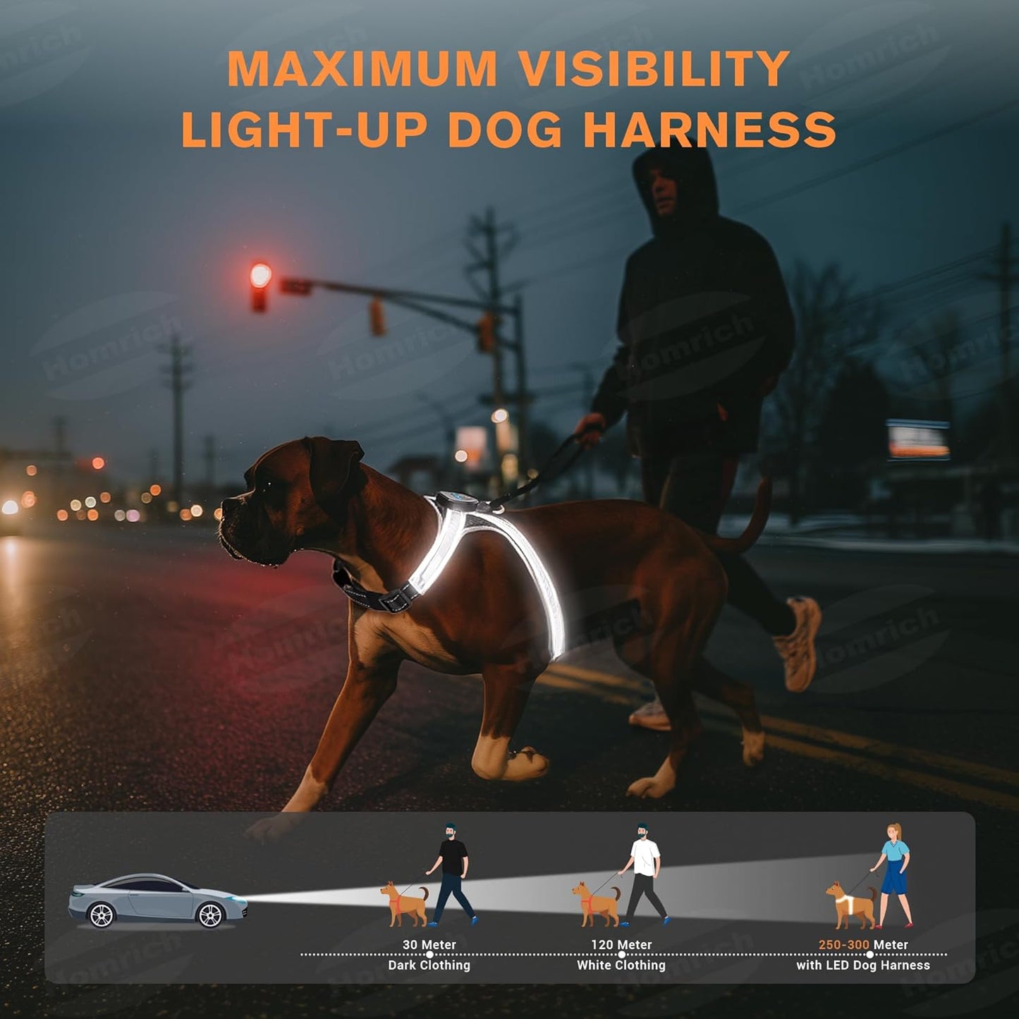 LED Light Up Dog Harness - Rechargeable & Reflective Dog Vest, 7 Lighting Modes, 3-Layer Air Mesh for Breathability & Comfort, Adjustable Illuminated Leash for Small to Large Dogs Walking at Night