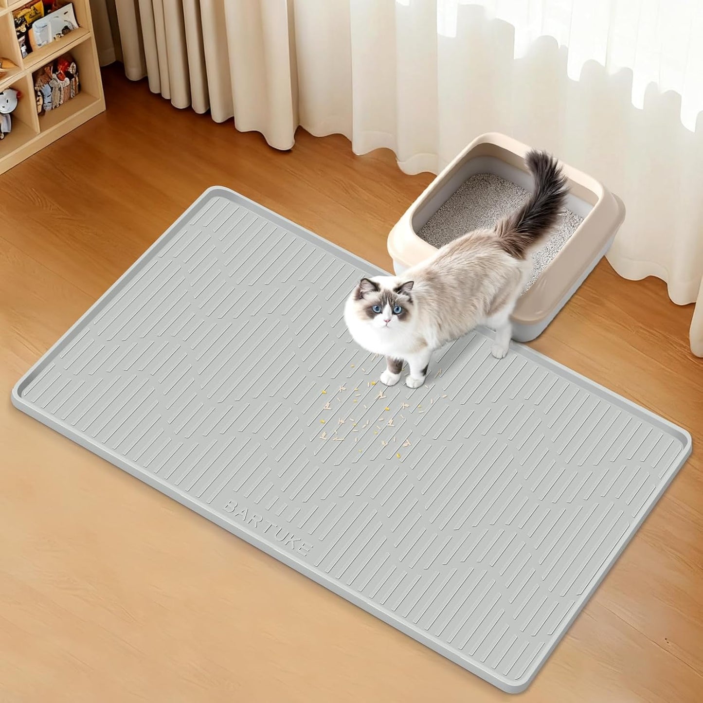 Silicone Cat Litter Mat, 32" x 22" Large Cat Litter Box Mat Litter Trapping Mat for Scatter Control, Waterproof, Soft on Kitty Paws, Clean Floor (Grey)