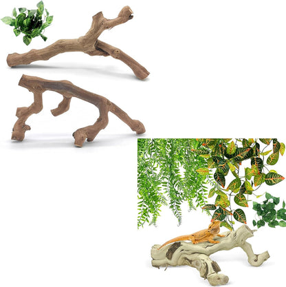 VCEPJH Snake Climbing Branch, 2Pcs Reptile Wood Natural Cork Log and 4 Pcs Reptile Plants, Climbing Wood Branch Terrarium Hanging Fake Plant Leaves for Snake Leopard Gecko Lizard Chameleon