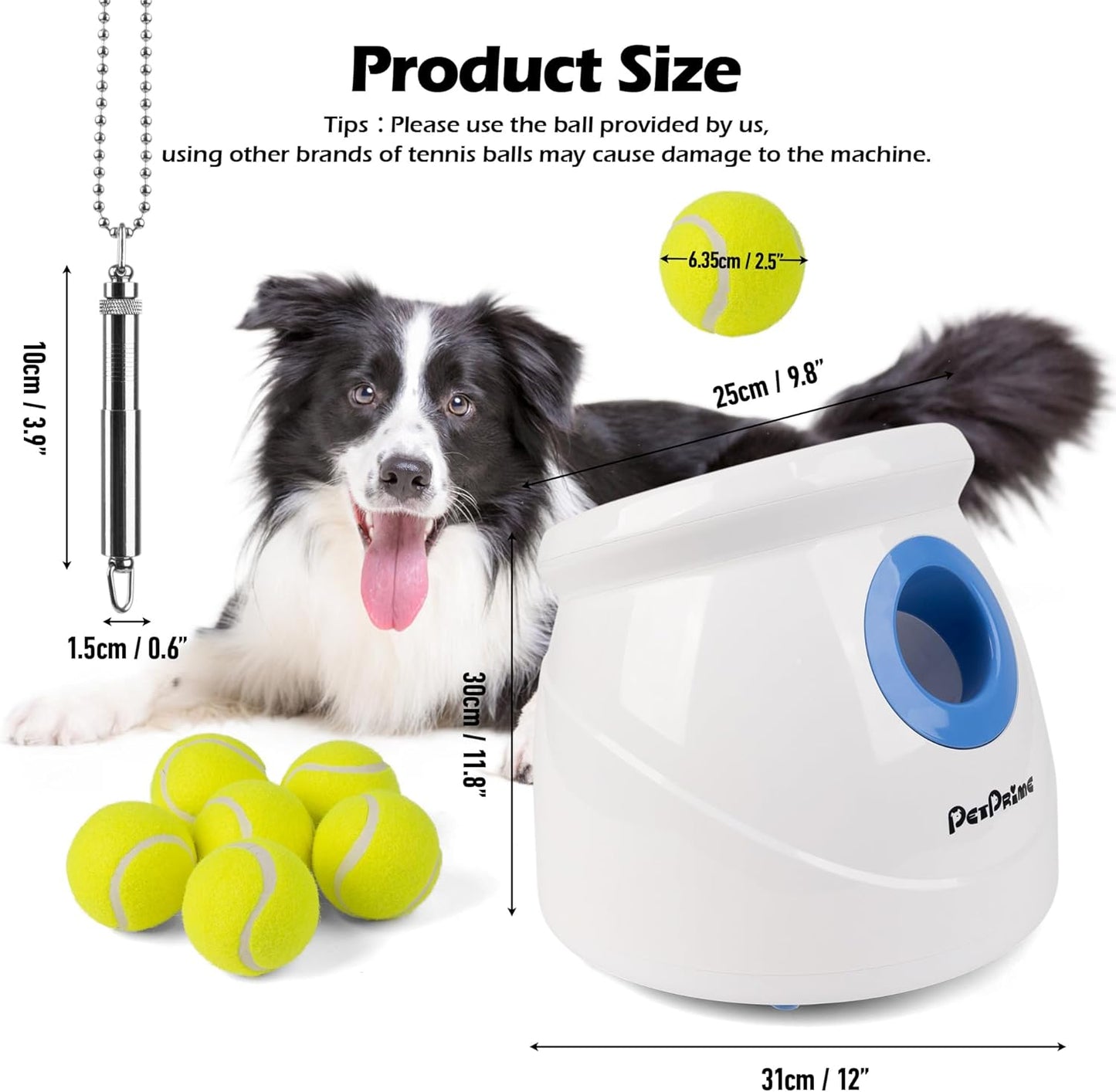Pet Prime Dog Automatic Ball Launcher for Large Dogs Ball Thrower Machine Outdoor Indoor Use Interactive Dog Toy Adjustable Distance 10-40ft - Included 6 PCS 2.5” Tennis Balls and a Whistle