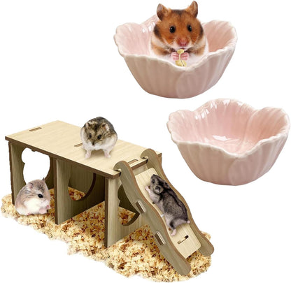 2 Pcs Hamster Food Bowl (2.7" D*1.3" H) &Wooden Small Animal Hideout (8" L*4" W*4" H)