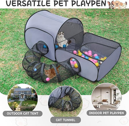 Pet Playpen with Surround Tunnel, Outdoor/Indoor Cat Playpen with Breathable Soft Sides，Tailtastic Cat Enclosure Tent for Small Animals, Portable Tent with Carry Bag (Medium)