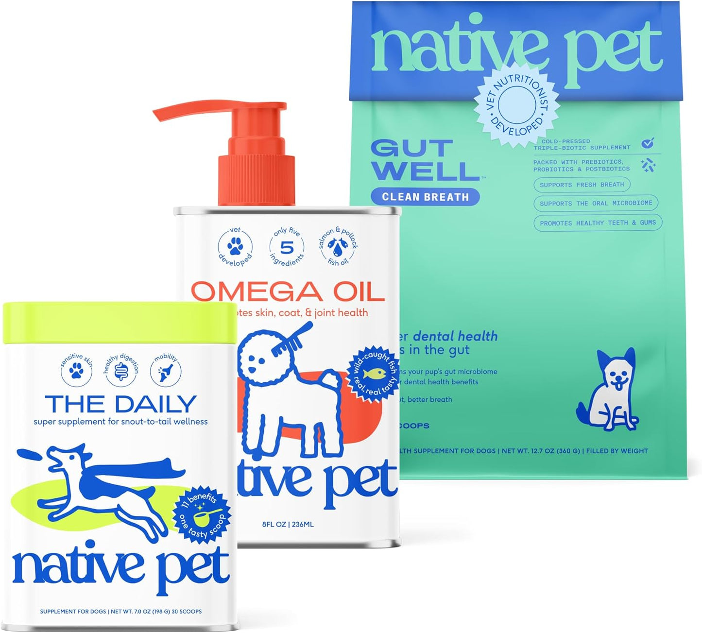 Native Pet Complete Wellness Trio: 60 Scoops GutWell Clean Breath - Dog Breath Freshener, 30 Scoops 11-in-1 Vitamins & Supplements & 8 Oz Omega 3 Fish Oil for Dogs & Cats