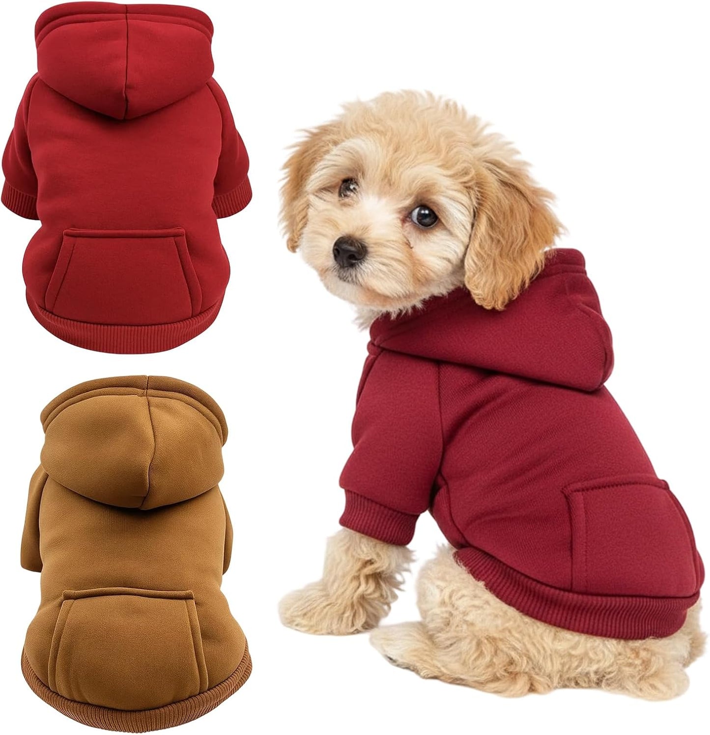 2-Pack Red and Brown Polyester Dog Clothes, Dog Sweatshirts,Frenchie Hoodie, Comfortable Pet Apparel(S)