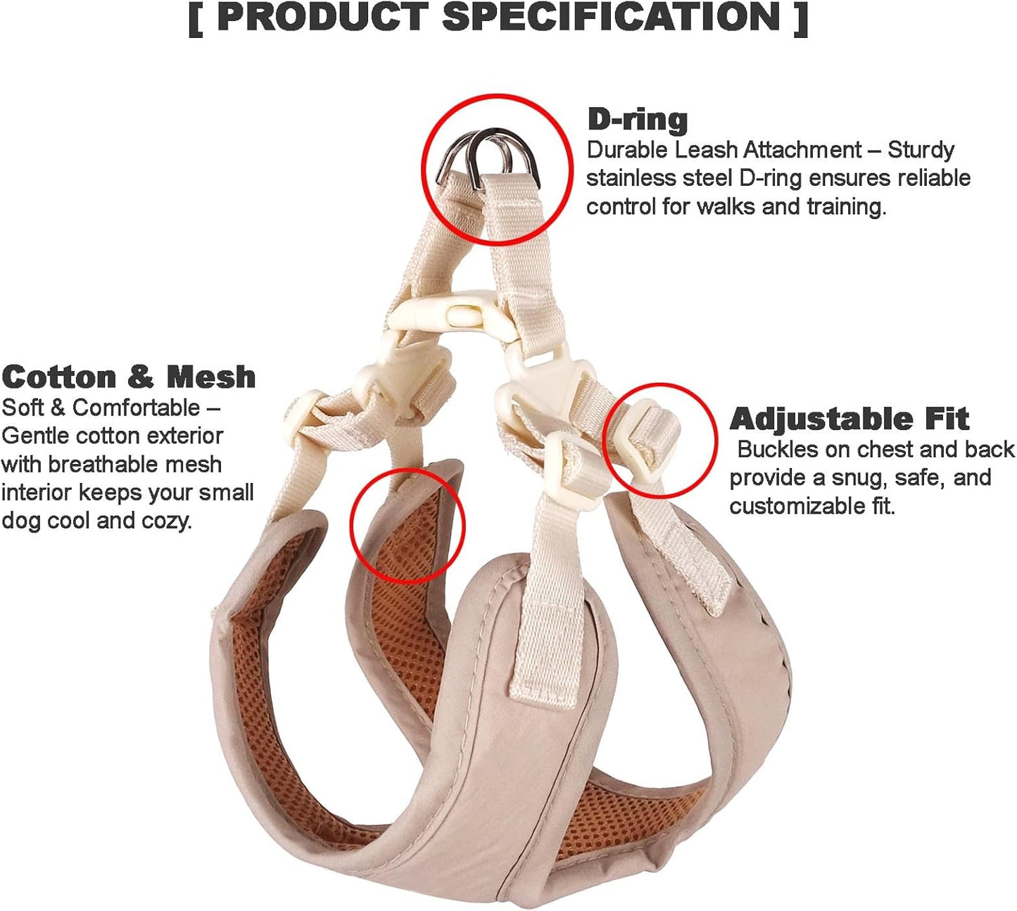 Small Dog Harness – Adjustable Soft Cotton & Breathable Mesh Pet Vest, Comfortable No-Pull Design with Stainless Steel D-Ring for Walking and Training (Beige, Small)