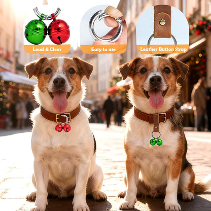 Loud Dog Collar Bells, Durable Pet Red And Green Bells Tracker for Large Dogs, 4 Christmas Copper Bells and 2 Leather Button Strap for Outdoor Safety, Pet Tracking, Hiking, Walking (Red Green)