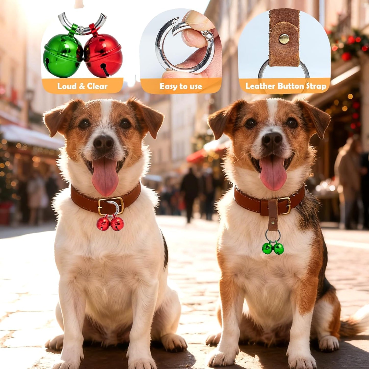 Loud Dog Collar Bells, Durable Pet Red And Green Bells Tracker for Large Dogs, 4 Christmas Copper Bells and 2 Leather Button Strap for Outdoor Safety, Pet Tracking, Hiking, Walking (Red Green)