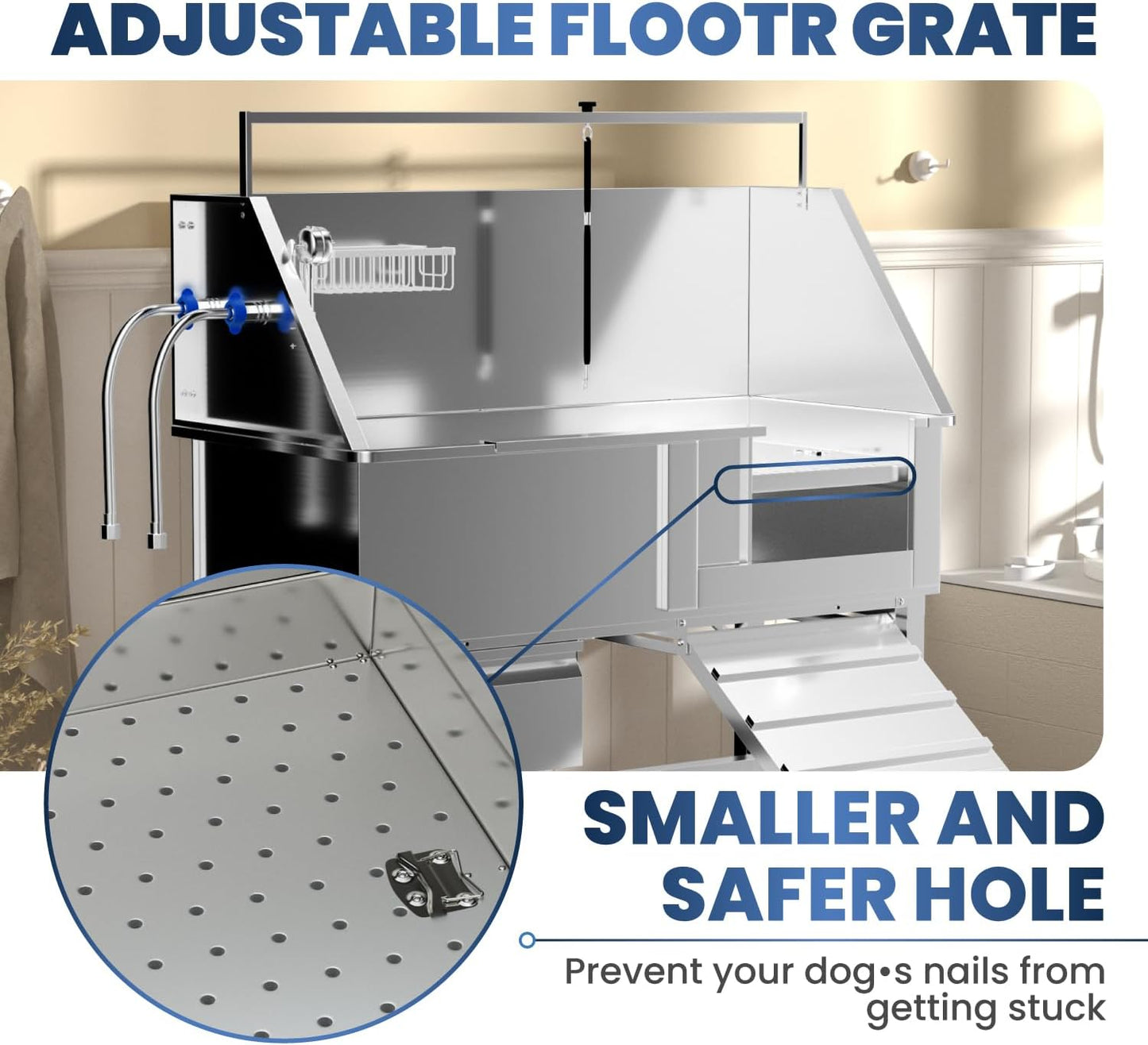46" Dog Washing Station, Professional Stainless Steel Dog Bathtub w/Ramp & Storage Drawer, Adjustable Grate, Non-Slip Design, Home Grooming & Large Dogs (Right Ramp)