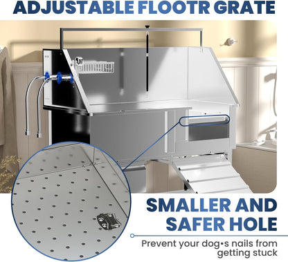 46" Dog Washing Station, Professional Stainless Steel Dog Bathtub w/Ramp & Storage Drawer, Adjustable Grate, Non-Slip Design, Home Grooming & Large Dogs (Right Ramp)