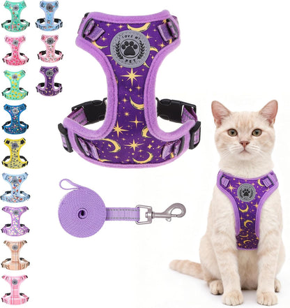 BEAUTYZOO Cat Harness, Escape Proof Cat Leash and Harness Set for Walking, Soft Breathable Vest Harness with Neck Adjustable, Reflective Easy-Control Kitten Harness for Cats (Star Design),Purple S