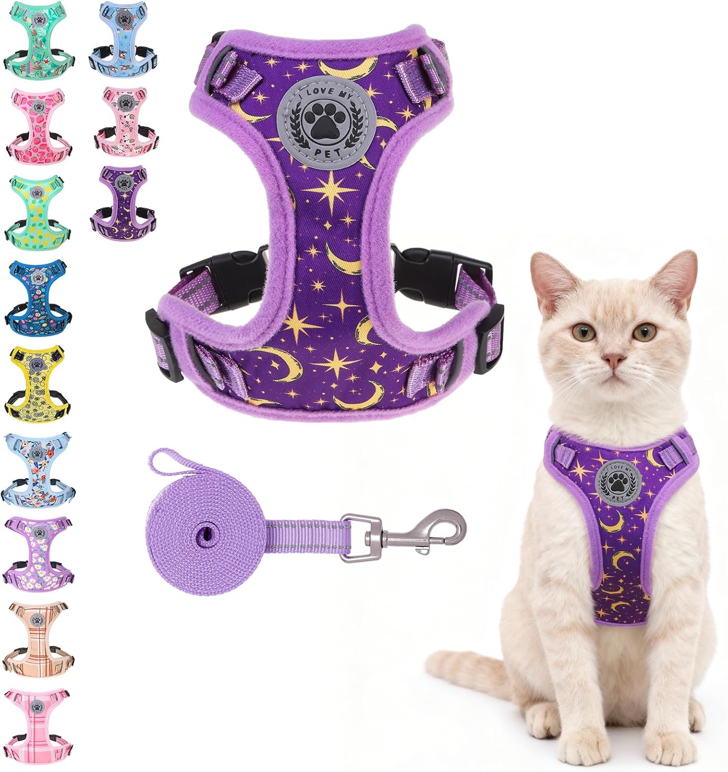 BEAUTYZOO Cat Harness, Escape Proof Cat Leash and Harness Set for Walking, Soft Breathable Vest Harness with Neck Adjustable, Reflective Easy-Control Kitten Harness for Cats (Star Design),Purple S