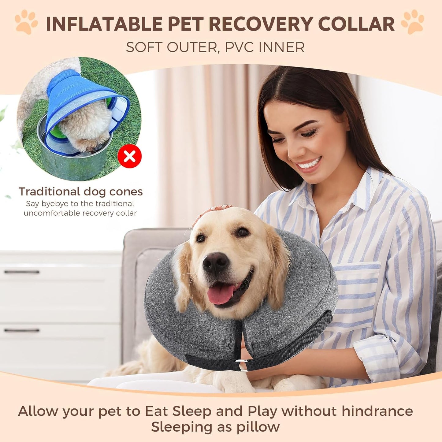 Dog Cone Collar, Inflatable Recovery Cone After Surgery, Adjustable Blow up Dog Donut Collar, Pet Recovery Collar for Dogs and Cats Size XS up to 5”