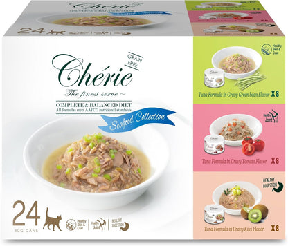 CHÉRIE Complete & Balanced Diet Series Wet Cat Food in Gravy Seafood Variety Pack, Tuna Entree with Natural Vegetables for Skin, Joint, Stomach, Urinary Tract Health, Grain-Free, 24 Pack, 2.8 oz. Can