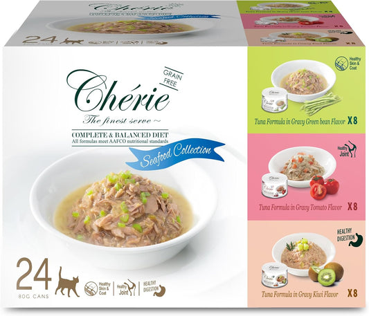 CHÉRIE Complete & Balanced Diet Series Wet Cat Food in Gravy Seafood Variety Pack, Tuna Entree with Natural Vegetables for Skin, Joint, Stomach, Urinary Tract Health, Grain-Free, 24 Pack, 2.8 oz. Can