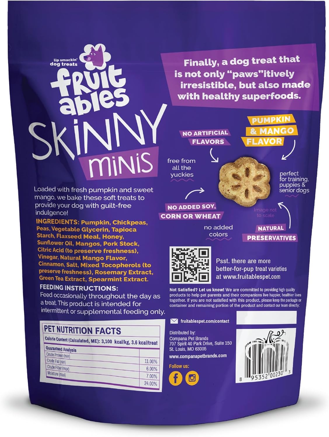 Fruitables Skinny Minis Dog Treats, Healthy Pumpkin Treat for Dogs, Low Calorie & Delicious, Puppy Training, No Wheat, Corn or Soy, Made in the USA, Pumpkin and Mango Flavor, 5oz